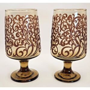 Vyg Retro 8oz Wine Glasses Smoky Amber Set 2 Raised‎ Swirl